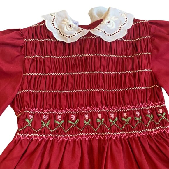 Vintage Polly Flinders Hand Smocked Floral Eyelet Peter Pan Collar Dress 5 - Picture 2 of 8